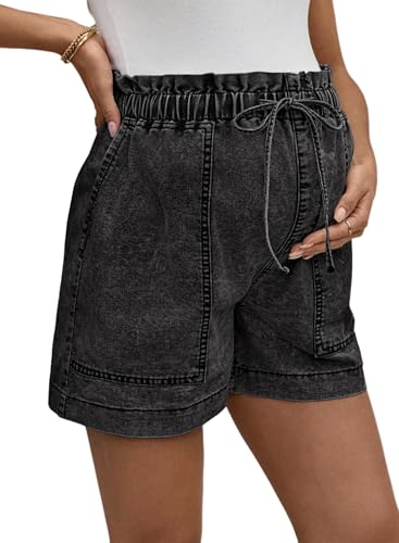 BLENCOT Maternity Jeans Shorts High Rise Stretchy Drawstring Postpartum - color: Black, size: Small