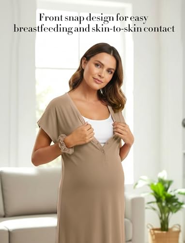 PATPAT Maternity Labor and Delivery Gown, Womens Hospital Gown with Pockets - color: Beige, size: Medium (Fit S/M)