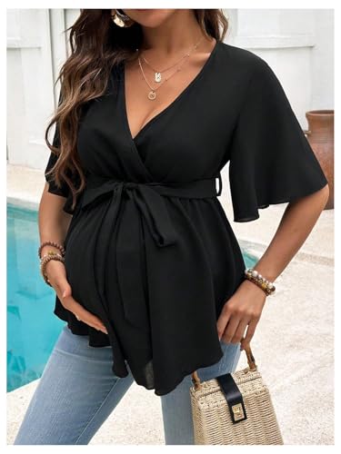 MakeMeChic Women's Maternity Nursing Blouse Wrap Belted Pregnancy Shirt - color: Black, size: Medium