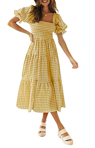 ZESICA Women's Summer Boho Gingham Puff Sleeve Square Neck Beach Midi Dress - color: Ginger, size: X-Small