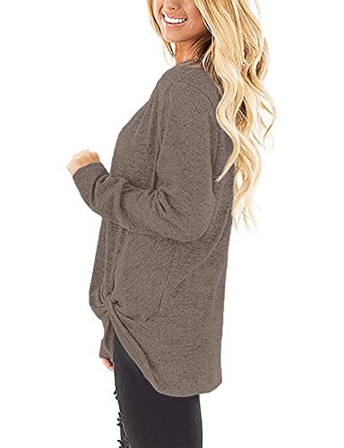 SimpleFun Womens Tops Long Sleeve Shirts V Neck Loose Twist Knot Fall Tunic - color: 02-coffee, size: Medium