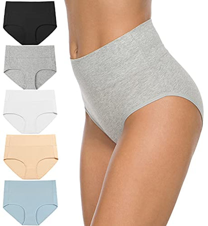 Wealurre Women's Comfort Cotton High Waist Underwear Breathable Soft Tummy Control Bikini Panties Plus Size - color: Blue-5pack, size: Medium