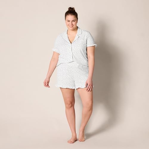 Amazon Essentials Women's Cotton Modal Piped Notch Collar Ruffle Pajama Short Set (Available in Plus Size) - color: White Dots Print, size: X-Small
