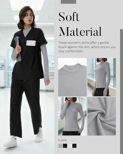 Xaatren 4 Pack Womens Long Sleeve Underscrubs Mock Neck Shirts - color: Black, White, Black, Light Heather Gray, size: X-Large