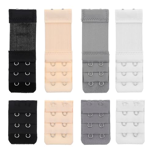 8PCS Women's Bra Extender 2 Hook 3 Row, Soft Elastic Back Extender for Bras, Comfort Fit Strap Extension for Most Bra Styles, White/Black/Skin/Gray