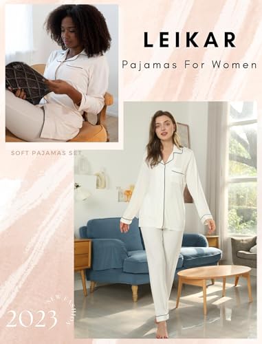 Leikar Button Up Pajamas For Women Long Sleeve Viscose Soft Pjs Lounge - color: White, size: Small