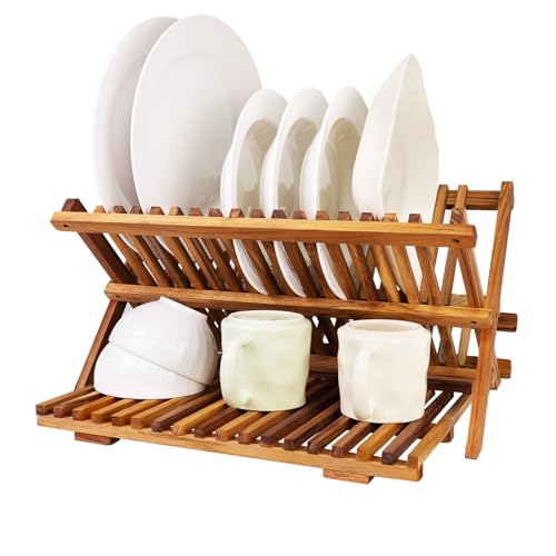 Utoplike Teak Dish Drying Rack Collapsible, Large Dishes Draine 3 Tier - size: 3 Tier-Standard