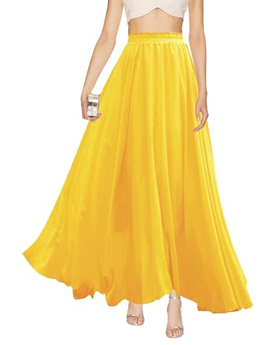 v28 Women Full/Ankle Length Elastic Pleated Retro Maxi Chiffon Long Skirt - color: Light Yellow, size: X-Large