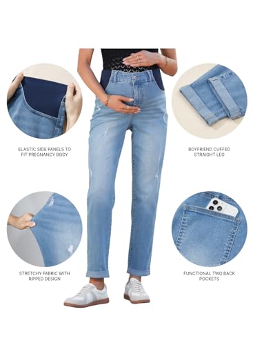 BLENCOT Maternity Jeans High Rise Stretchy Waistband Straight Leg - color: Light Blue, size: Small