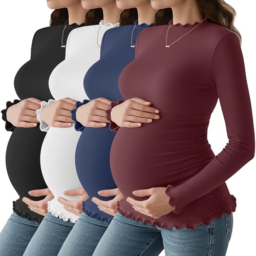 4 Pack Women Maternity Side Ruched Long Sleeve Shirts - color: Wine Red, Navy Blue, White, Black, size: Large