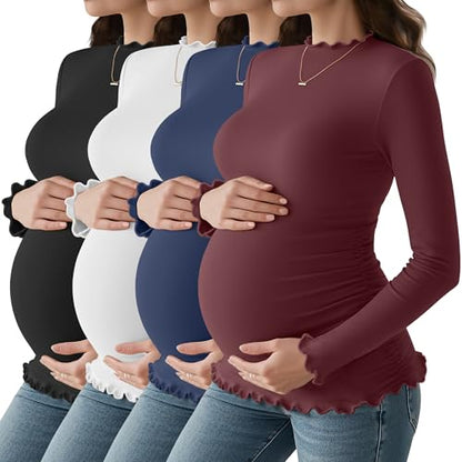 4 Pack Women Maternity Side Ruched Long Sleeve Shirts - color: Wine Red, Navy Blue, White, Black, size: Large
