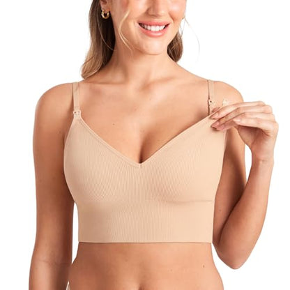 MOMANDA Ribbed Longline Nursing Bras - color: Beige, size: XX-Large