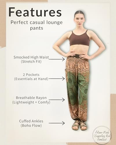 Boho Pants 2-Pocket Flowy Harem Pants Women for Yoga Travel Hippie Clothes - color: Honeycomb Olive, size: Medium