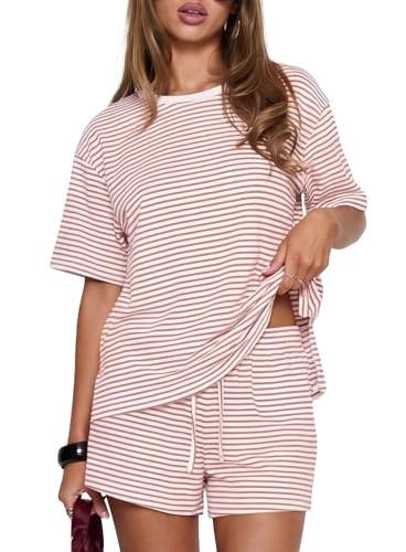 Darong Womens Striped 2 Piece Summer Lounge Sets - color: Pink Stripe, size: Small