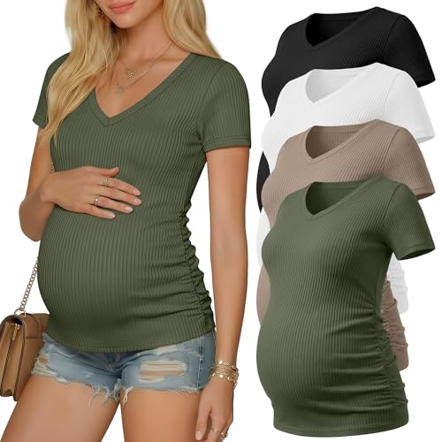 Neer 4 Pack Women's Maternity Shirts Short Sleeve - color: Black, Light Heather Gray, Light Coffee, Army Green, size: Small