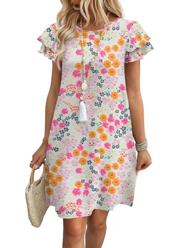 OFEEFAN Womens Summer Dresses 2026 Ruffle Sleeve Round Neck Loose Swing Sundresses with Pockets Plain/Print - color: Print 06, size: Medium