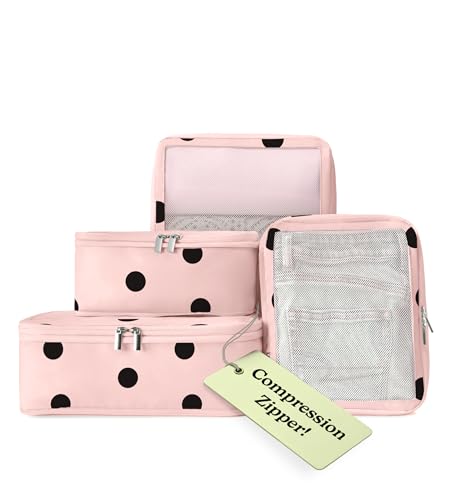 Vandel Space-Saving Compression Packing Cubes for Kids & Women, Carry On - color: 5. Pink Polka Dot, size: 4 Pack (Compression)