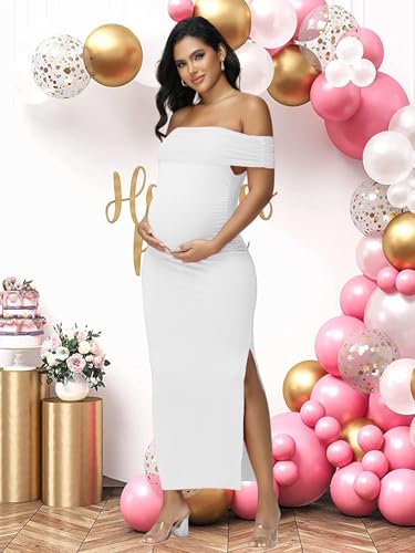 Women's Maternity Mesh Off Shoulder Party Long Dress Baby Shower - color: White, size: Medium
