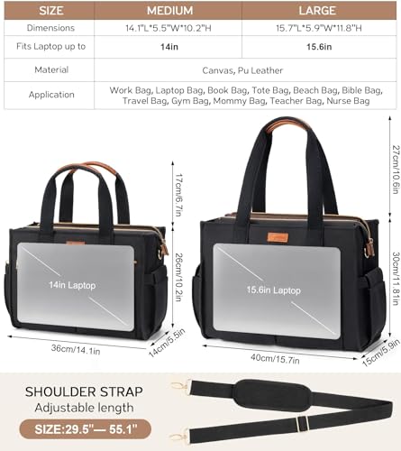 Canvas Tote Bag for Women, 15-Pockets Work Laptop Tote Purse Large Crossbody Nurse Teacher Bible Bag for School Travel Daily - color: L1.black, size: Large-15.6inch