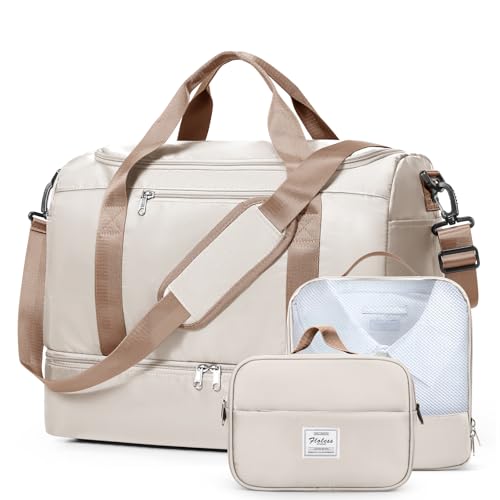 Travel Duffel Bag, Carry-On Overnight Weekender Bags with Shoes Compartment - color: X-Beige & Brown-3Pcs-0022, size: Small