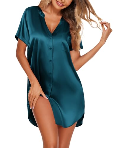 Ekouaer Women's Satin Nightshirt Button Down Sleepshirt Silk Nightgown - color: Blue, size: Medium