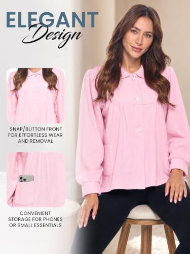Casual Nights Women's Chenille Bed Jacket, Button Front Long Sleeve Sleep Top with Pockets - color: Pink, size: 3X