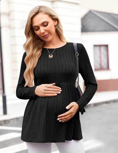 Maternity Shirts Dressy Long Sleeve Pregnancy Fall Tops Work Blouses - color: Black, size: Medium