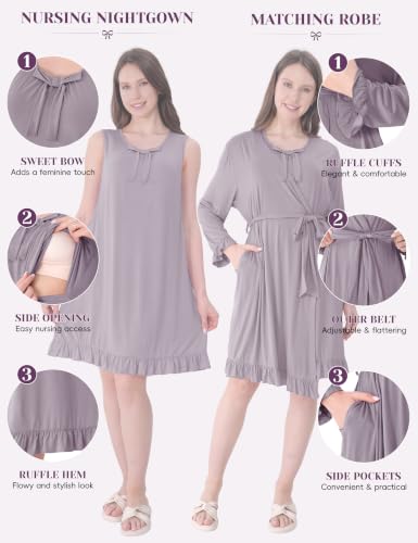 Maternity Nursing Gown & Robe Set, Ruffle Labor Delivery Nightgowns - color: Dust Purple, size: X-Large