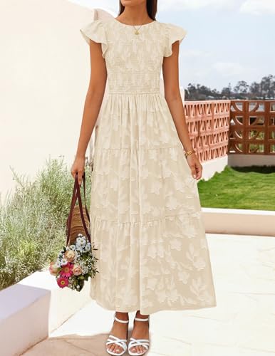 ZESICA Women's Summer Floral Boho Smocked Flowy Maxi Dress - color: Apricot, size: X-Large