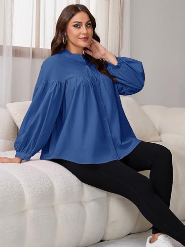 Womens Maternity Button Down Work Shirts Nursing Blouses Business Pleated Lantern Sleeve Pregnancy Office Tops - color: Navy, size: X-Large