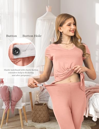 SUNNYBUY 3 PCS Maternity Breastfeeding Pajamas Set with Hidden Nursing Top - color: Pale Pinkish Purple, size: Medium
