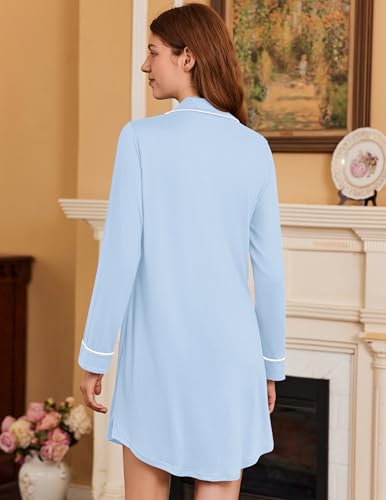 Ekouaer 2 Pack Nightgowns for Women Long Sleeve Button Down Sleep Shirt - color: Black/Light Blue, size: Medium