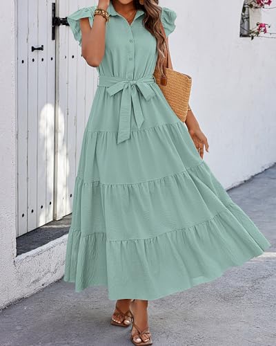 dowerme Women Ruffle Sleeve Button Belted Boho Maxi Dress - color: Mint Green, size: Large