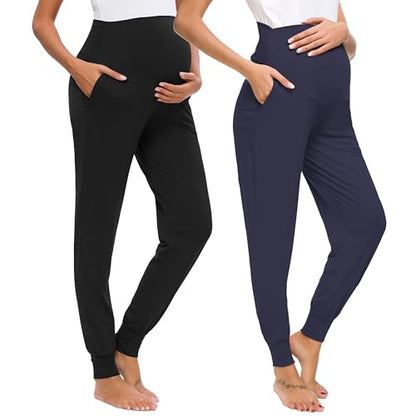 Liu & Qu Women's Maternity Pants Stretchy Sweatpants Jogger with Pockets - color: Black+navy, size: Medium