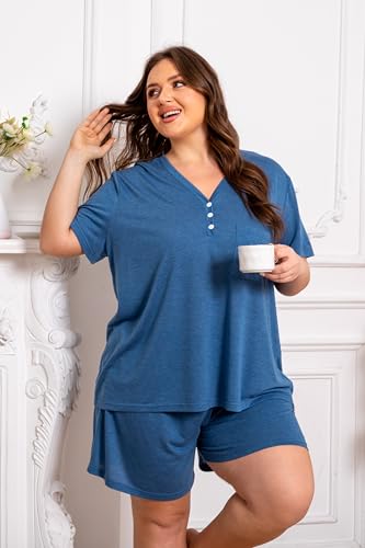 Vozanet Women's Plus Size Solid Pajama Sets Button V Neck Sleepwear Summer Shorts Nighty Soft Loungewear with Pockets - color: Blue, size: XX-Large