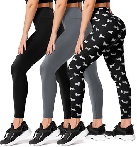 FULLSOFT 3 Pack Leggings for Women High Waisted Soft Black Yoga Pants for Workout Athletic Running Reg & Plus Size - color: Black, Dark Grey, Dot, size: XX-Large-3X-Large