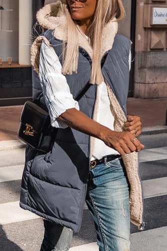 PRETTYGARDEN Women's Winter Reversible Fleece Long Vests - color: Grey Blue, size: Large