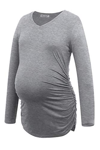 Smallshow Women's V-Neck Maternity Shirt Clothes Long Sleeve Ruched Pregnancy Top - color: Black-deep Grey-light Grey(3 Pack), size: Medium