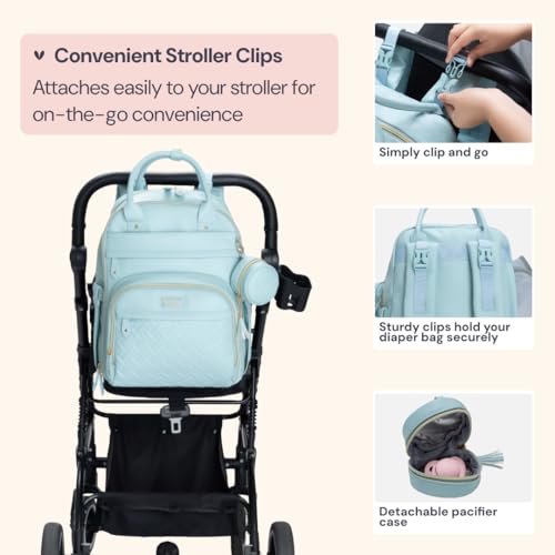 BabbleRoo Leather Diaper Bag Backpack - Baby Essentials Travel Baby Bag, Multi function, Water Resistant, with Changing Pad, Stroller Straps & Pacifier Case – Unisex, Powder Blue - color: Vegan Leather Powder Blue, size: Large