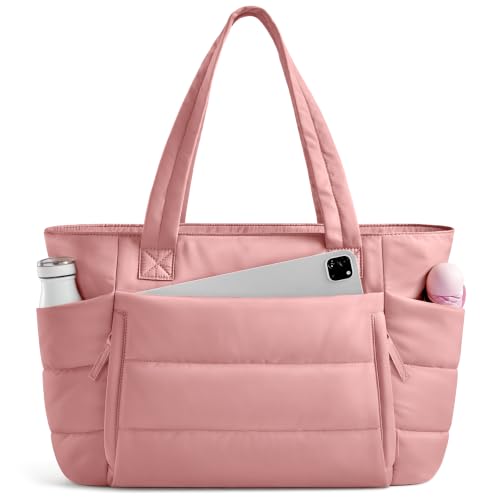 Uselike Tote Bag for Women with Zipper, Quilted Puffer Tote Bag with Compartments, Lightweight Puffy Work Bags for Women - color: Coral Pink