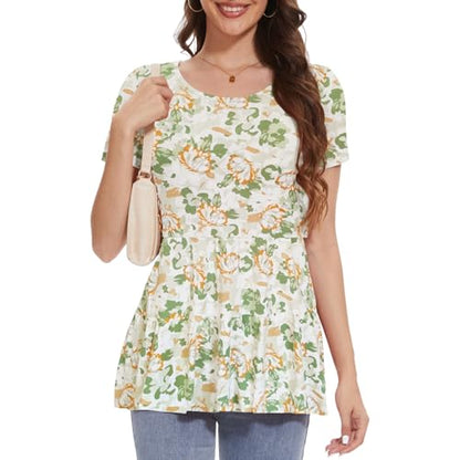 Bearsland Short Sleeve Nursing Top - color: Purple & Khaki & Green-white Flower, size: Medium
