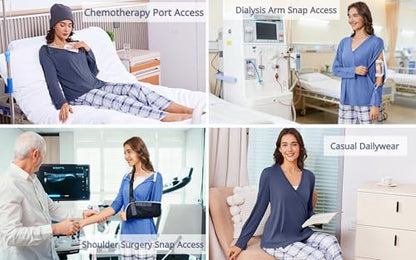 Deyeek Women's Post Shoulder Surgery Shirts Long Sleeve V-Neck Wrap Chemo Blouse Easy Access Adaptive Snap On Dialysis Shirts - color: Navy Blue, size: Large
