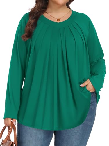 Tencede Womens Plus Size Tops Long Sleeve Shirts V Neck Tunic Blouses 1X-5X - color: Emerald Green, size: 3X-Large