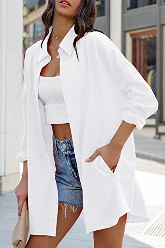 FSHAOES Womens Oversized Button Down Shirts Casual Loose Long Sleeve Solid Lapel Long Blouses Tops with Pockets - color: 01-white, size: Small