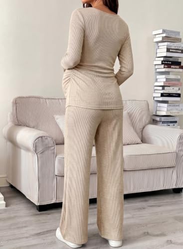 BLENCOT Maternity Clothes Ribbed Long Sleeve Sets Button 2 Piece Outfits - color: Apricot, size: Large