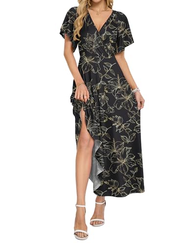 AUSELILY Maxi Dresses Women 2026 Ruffle Sleeve V Neck Summer Wrap Dress - color: Black Gold Leaf, size: Medium