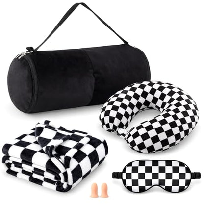 HunnmingRe 5 Pcs Travel Pillow Blanket Set, Airplane,Checkered,Black - color: Black, style: Checkered