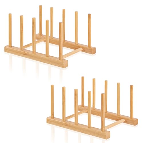 2 PCS Bamboo Wooden Dish Rack-Plate Pot Lid Holder Rack for Cabinet - color: Bamboo 4 Slots 2pcs