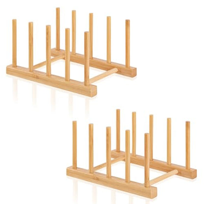 2 PCS Bamboo Wooden Dish Rack-Plate Pot Lid Holder Rack for Cabinet - color: Bamboo 4 Slots 2pcs