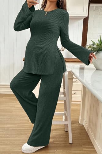BLENCOT Maternity 2 Piece Outfits Ribbed Knit Long Sleeve Sets - color: Mist Green, size: Medium